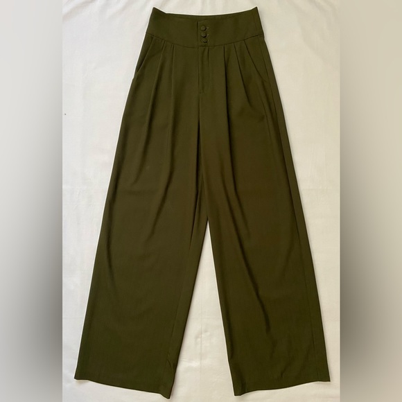 Olive Green Pinstripe High Waisted Wide Leg Trousers - Picture 1 of 6
